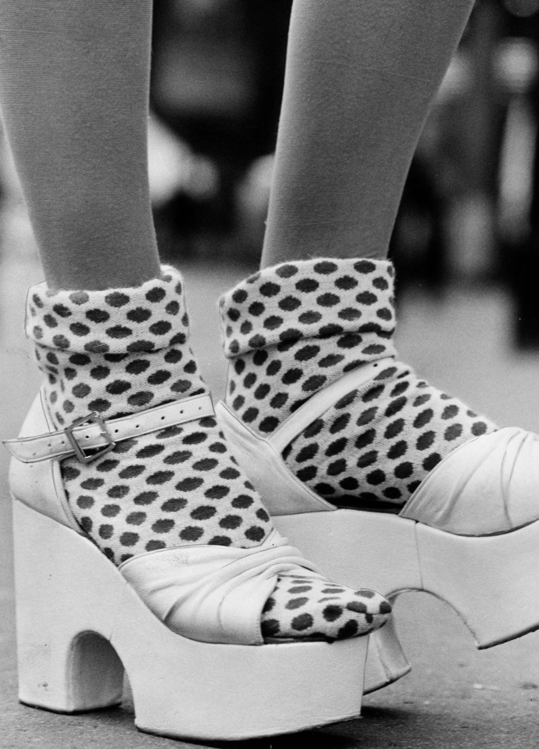 pair of platform shoes by Dorothee Bis, worn with fifties-style socks.