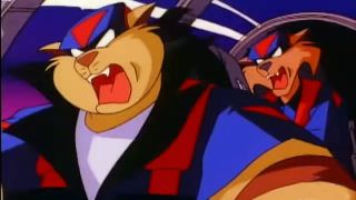Razor and T-Bone flying their jet on SWAT Kats: The Radical Squadron