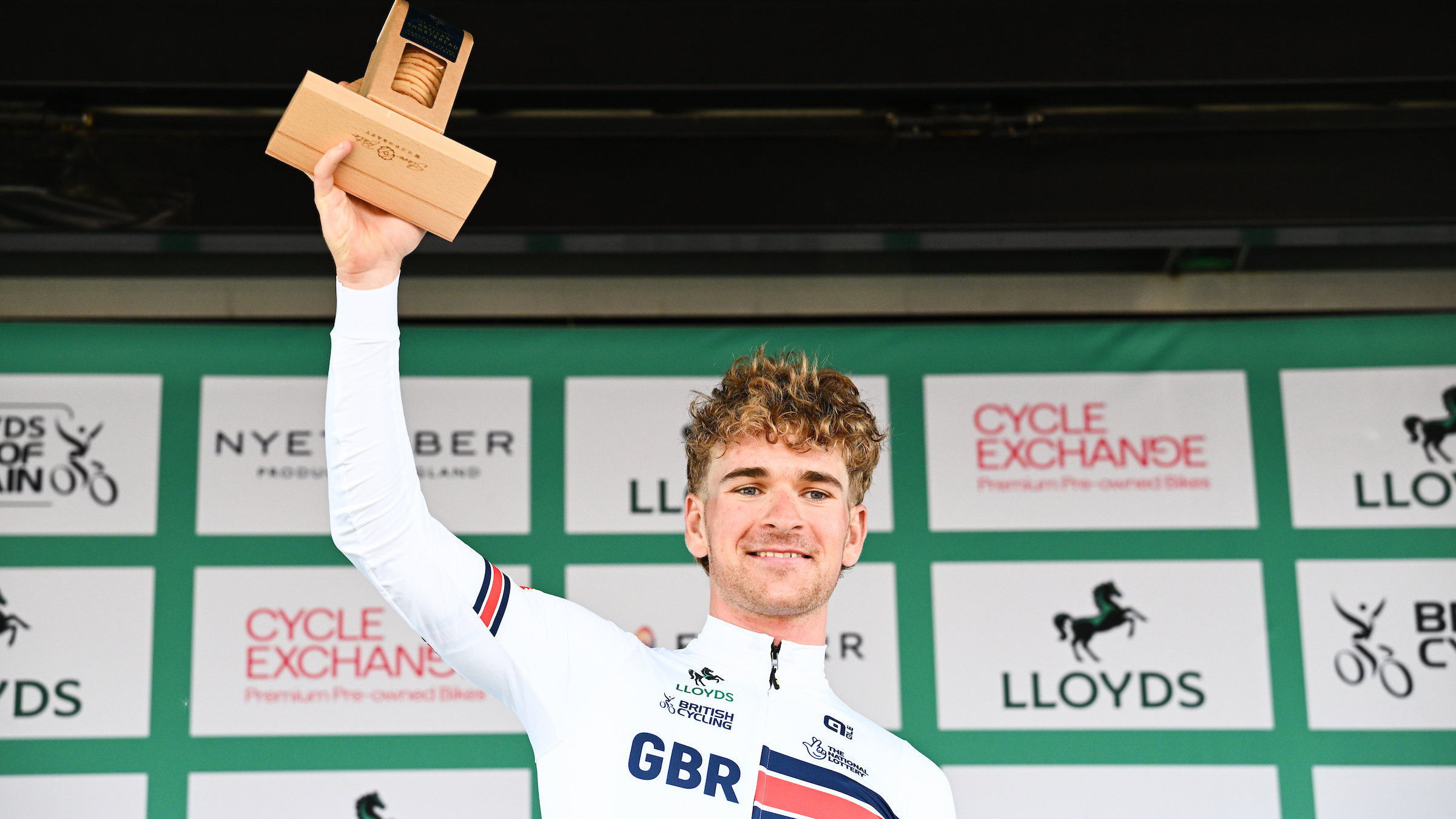 Ben Wiggins on the podium at the 2026 Tour of Britain