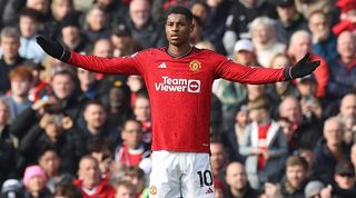 Marcus Rashford gestures during Manchester United's 2-0 win over Everton at Old Trafford in March 2024.