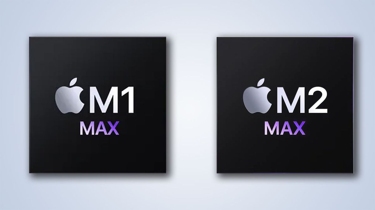 The Apple M1 Max and M2 Max logos against a bright silver background