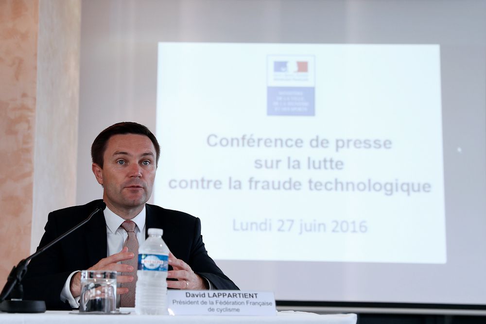 President of the French cycling federation David Lappartient speaks during a press conference on mechanical fraud, in Paris, on June 27, 2016