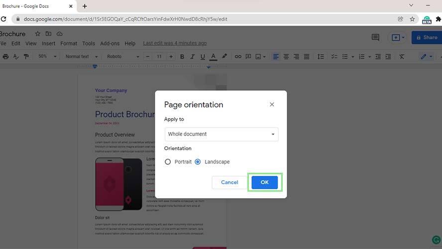 How to display a page in landscape mode in Google Docs