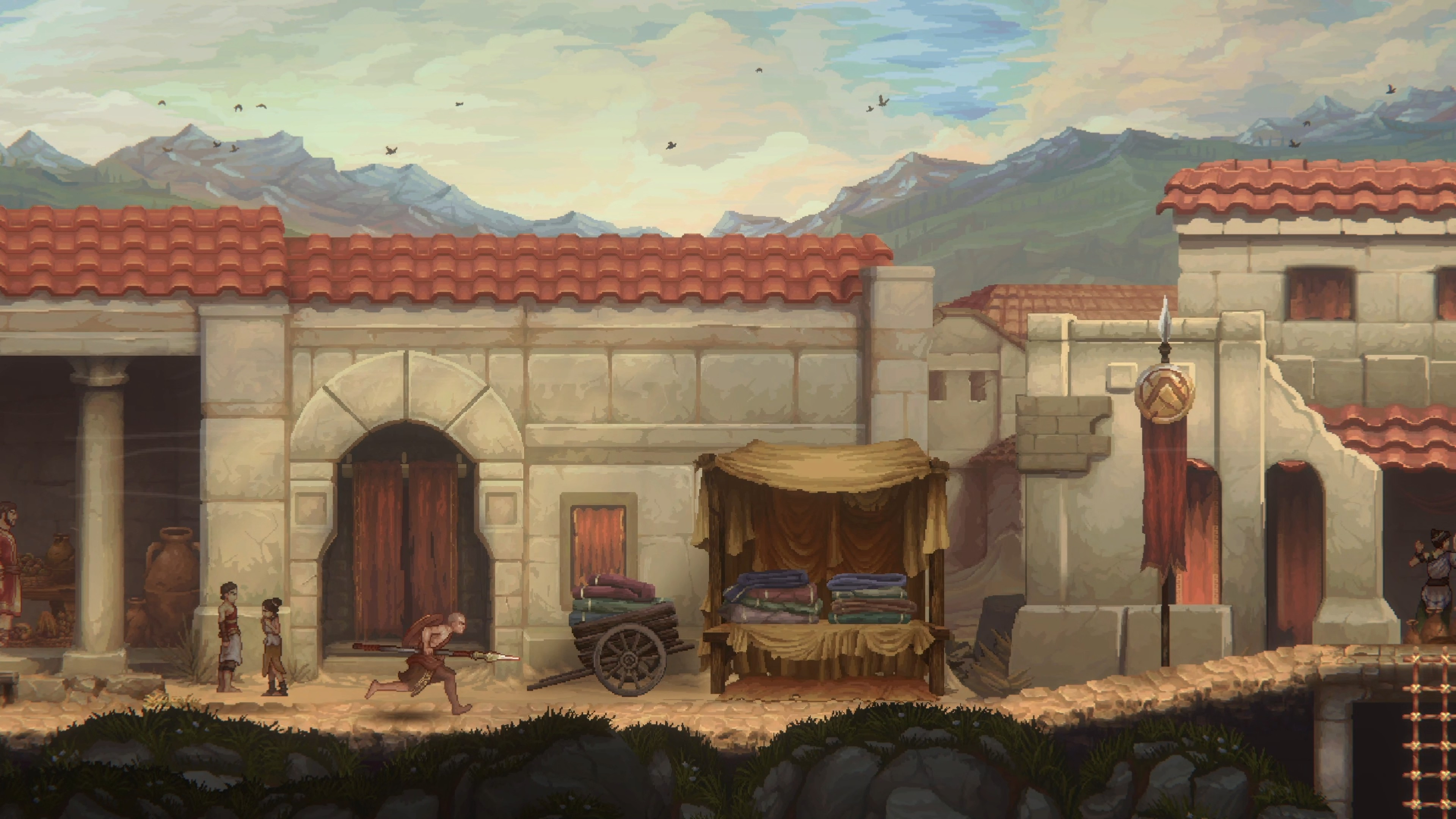 A screenshot from God of War Sons of Sparta showing young Kratos running through a village