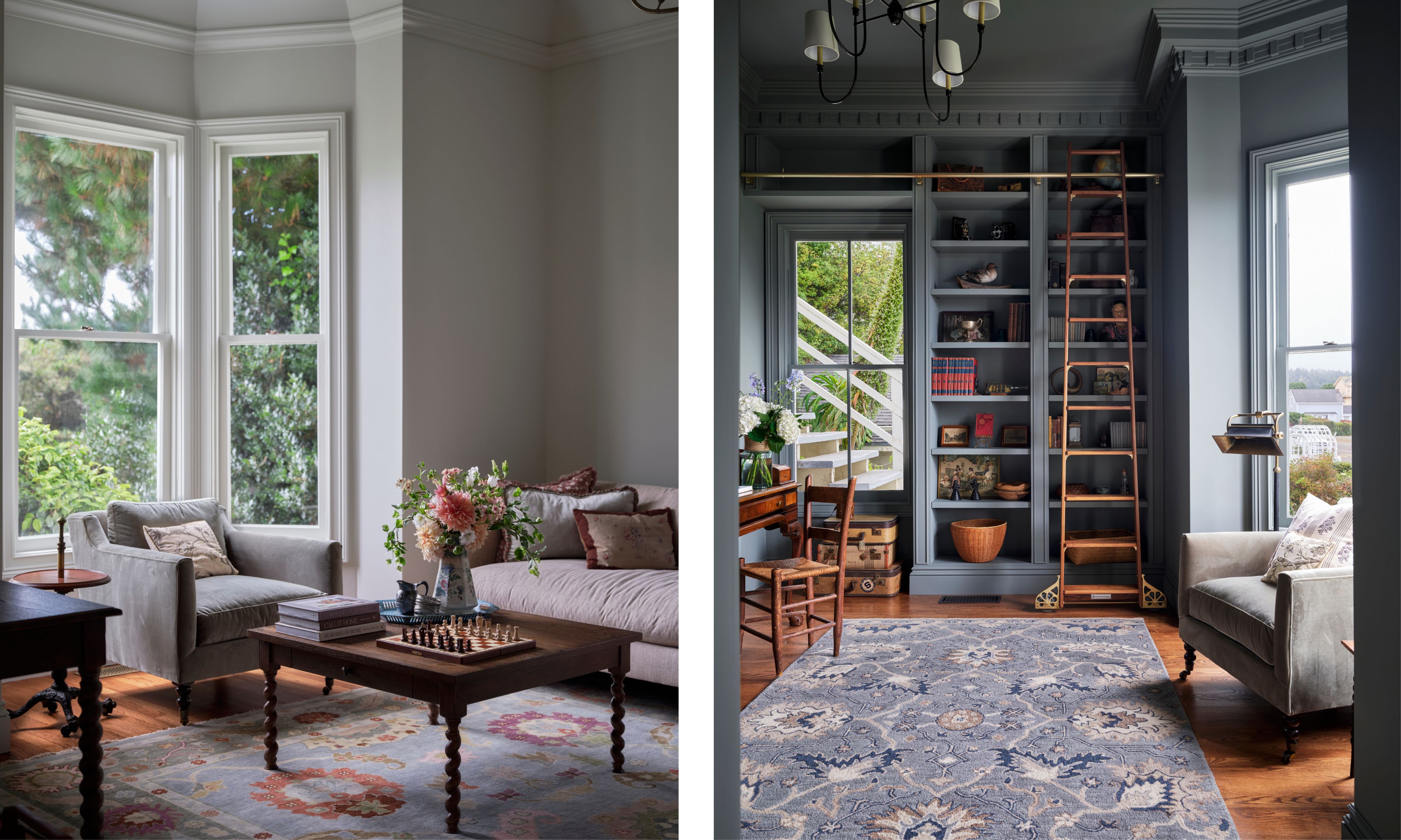 two side by side images, on the left a white painted living room with large bay window and neutral vintage furniture, the right a blue color drenched home library with ladder