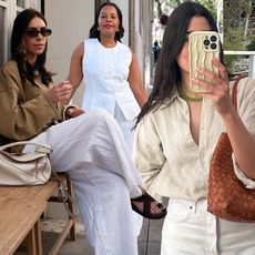 fashion collage with three influencers including Jessica Skye, Karina Marriott and Anna Newton wearing chic outfits with linen pants and linen shirts