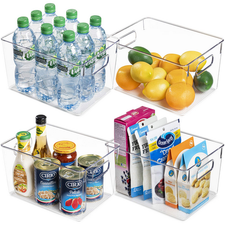 Vtopmart 4 Pack Clear Plastic Storage Bins With Handles, Pantry Organizer Bins, for Refrigerator, Freezer, Cabinet, Kitchen, Countertops, Large