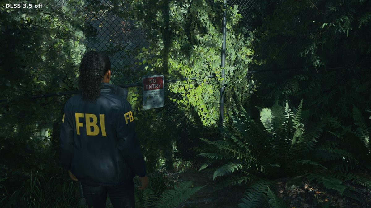 Alan Wake 2 screenshot with Ray Reconstruction off next to fence