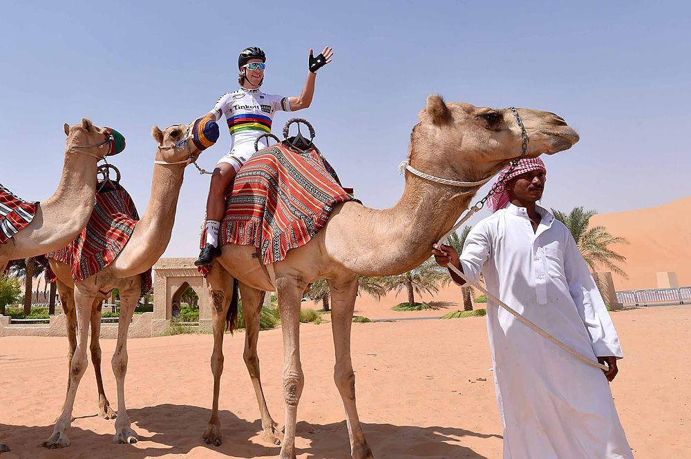 Peter Sagan (Tinkoff-Saxo) riding a camel
