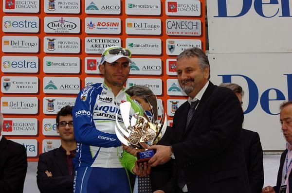 Third-placed Valerio Agnoli (Liquigas-Cannondale) receives his trophy.