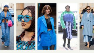 composite of five street style images showing people wearing various shades of blue at paris fashion week