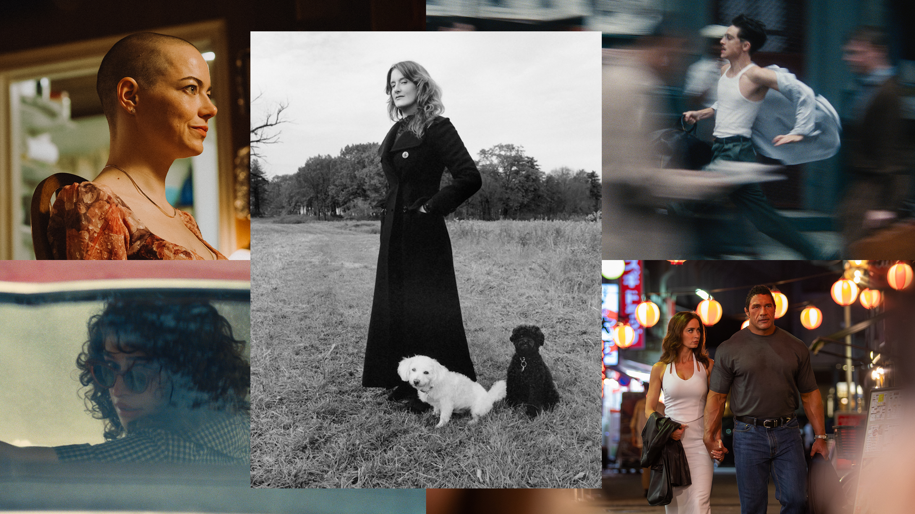 a headshot of casting director jennifer venditti posing in a black and white photo in a field with her dogs surrounded by film stills of movies she's cast including bugonia marty supreme and the smashing machine