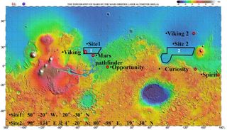 Map indicating two preliminary landing areas for China's 2020 Mars rover presented at the sessions of COPUOS in Vienna, Austria in June 2018.