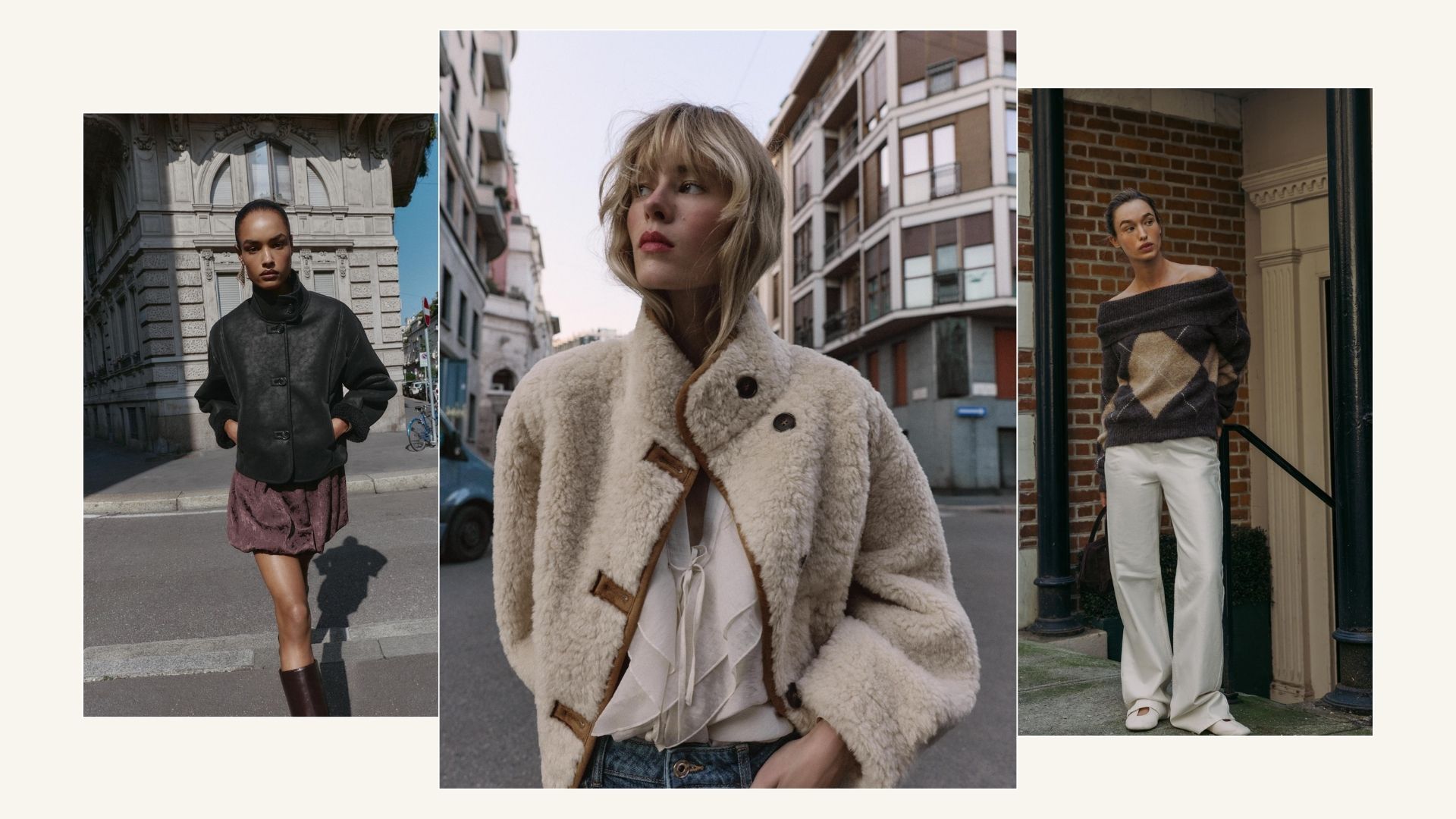 A collage of Zara models wearing 4 big winter trends; including funnel-neck jackets and argyle knits.
