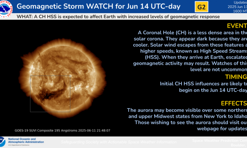 graphic showing a geomagnetic storm watch issued by NOAA as a G2 warning for June 14.