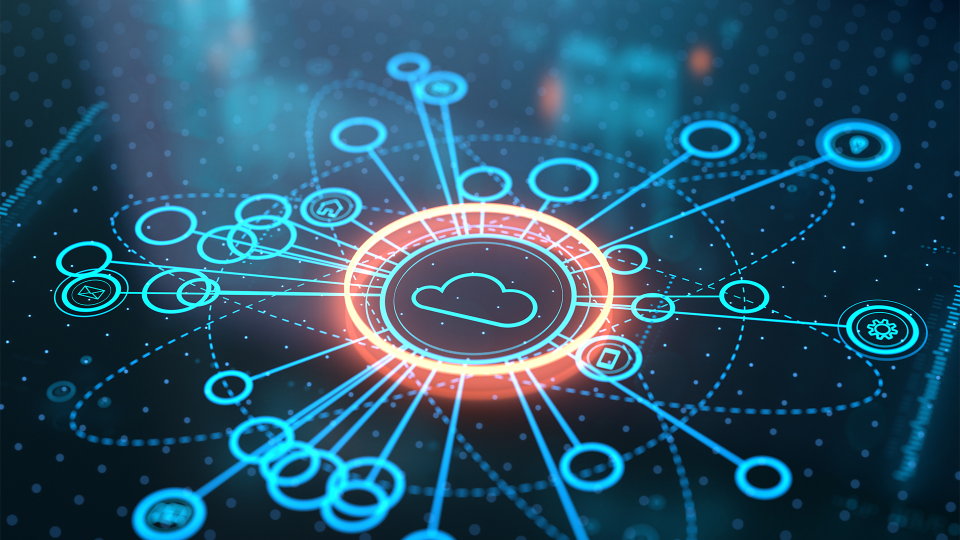 SaaS security concept imaging showing centralized cloud symbol with orange coloring connecting to different data points. 
