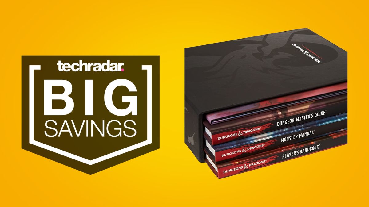 Dungeons and Dragons core rulebooks on a yellow background next to techradar deals big savings badge