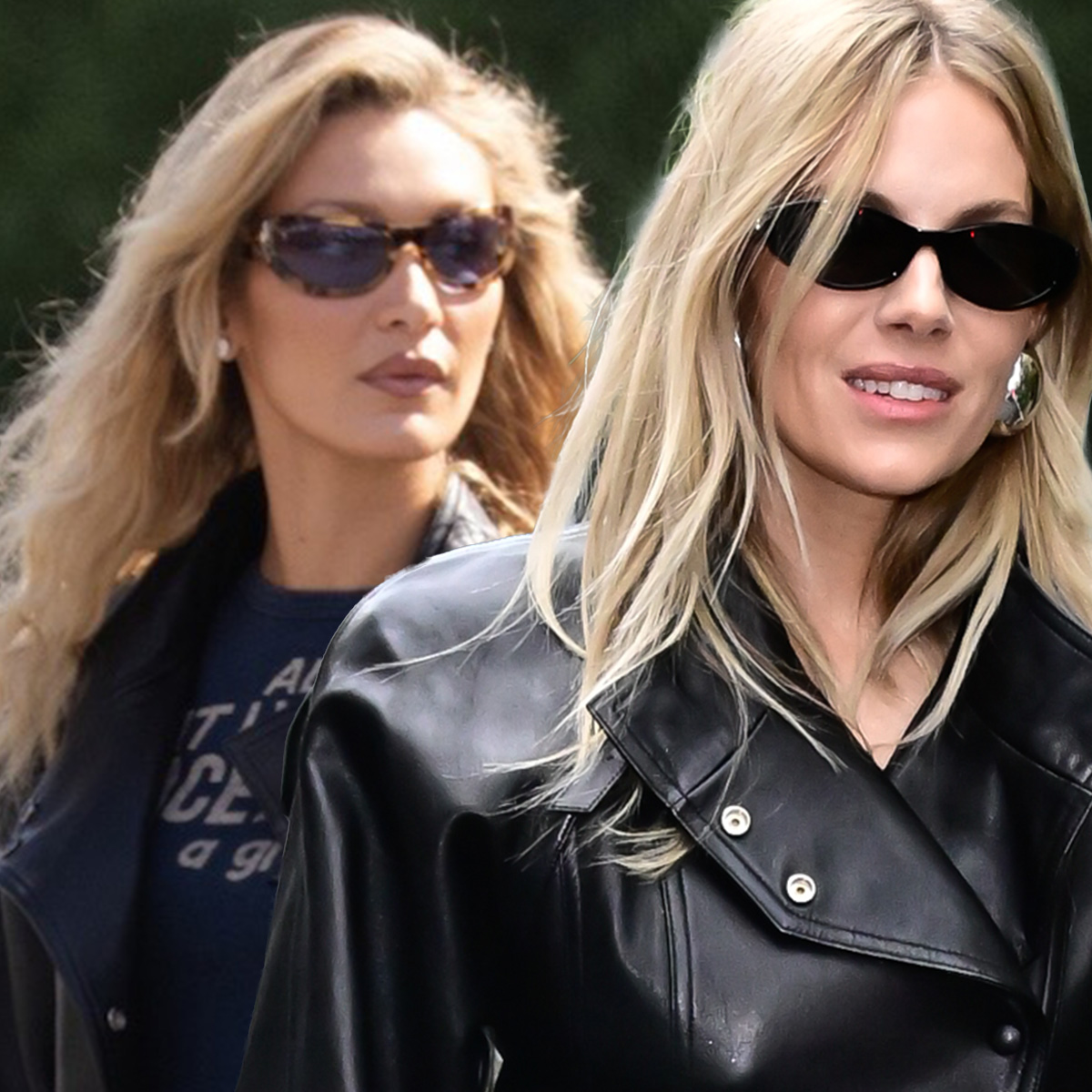 Bella Hadid and Sienna miller wear a leather jacket.