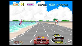 Video games of the 80s; a red card races along a beach