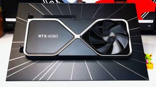 Nvidia RTX 4080 in stand box on white desk