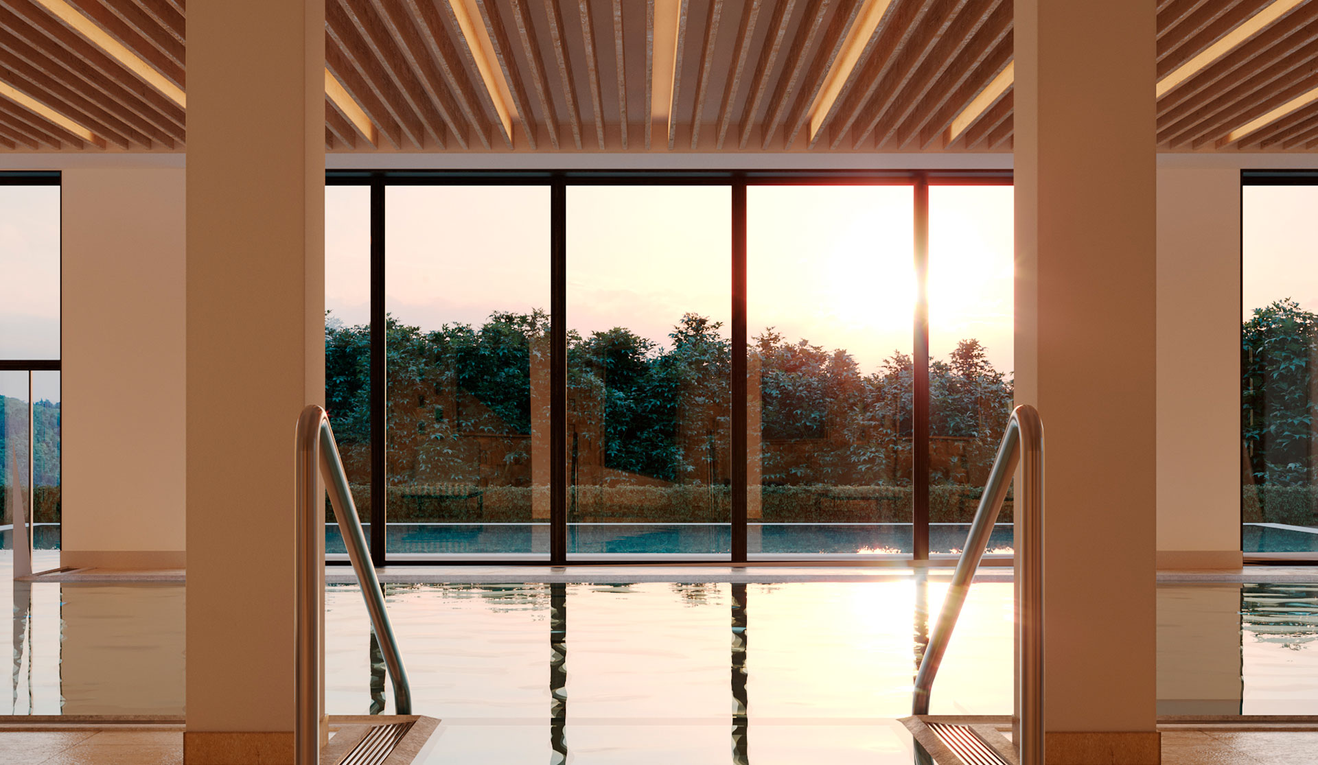 A luxury resort featuring sunset-bathed dining terraces, minimalist-chic furniture with wavy beige curtains, and panoramic spas.