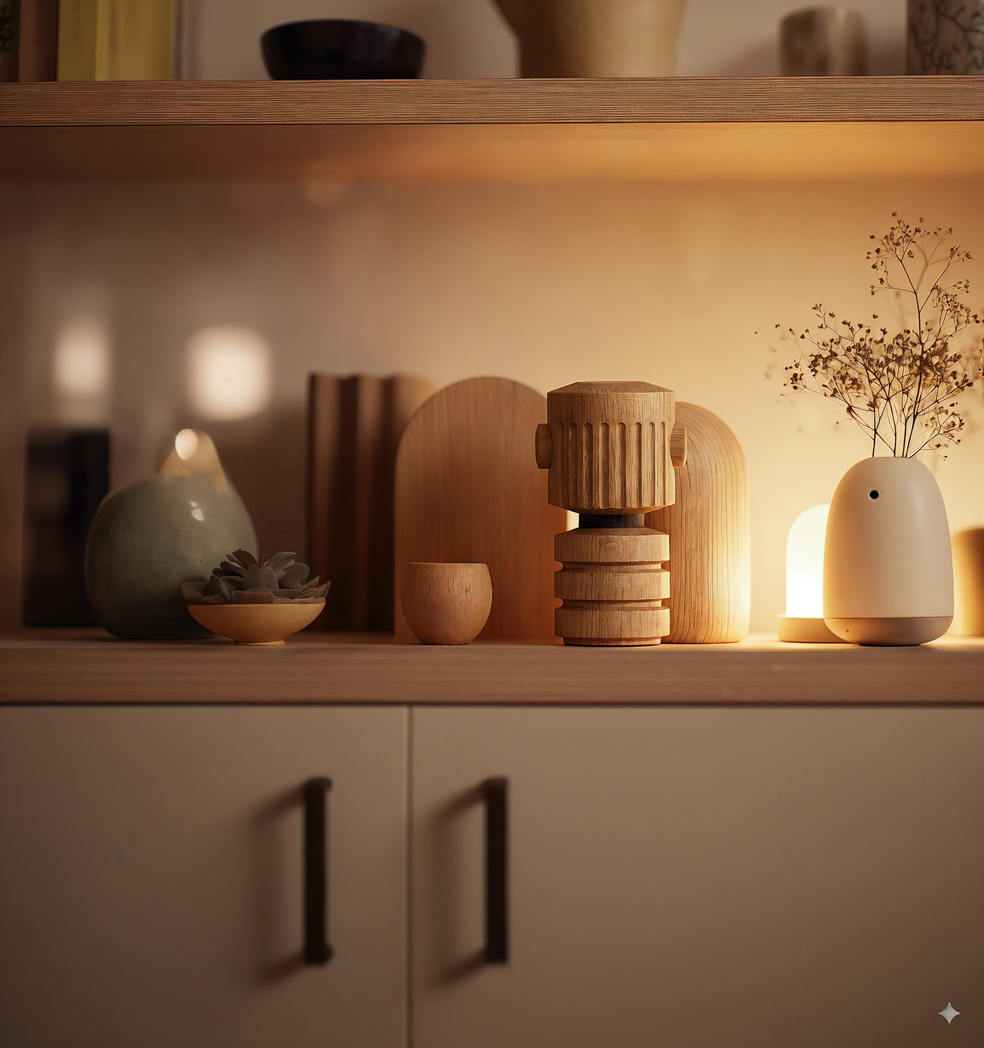 Bot blending into ornaments on a shelf