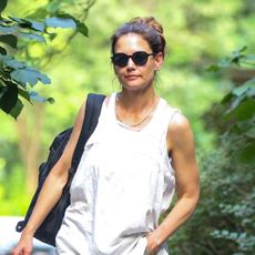 Katie Holmes wearing a white dress and cargo pants in NYC