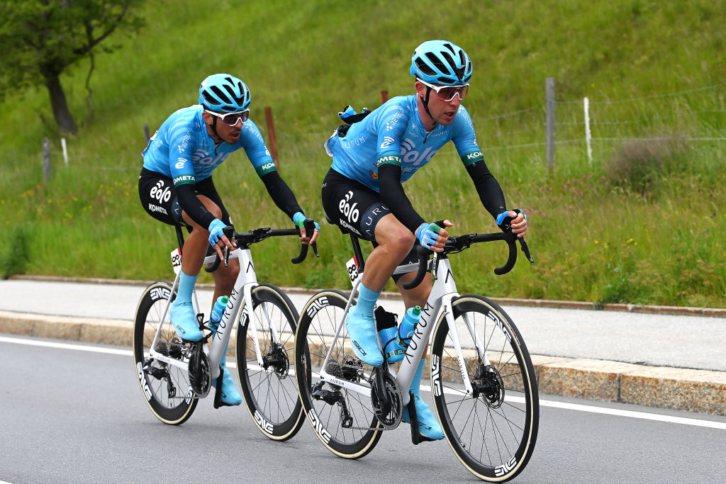 CASSANO MAGNAGO ITALY MAY 20 LR Mirco Maestri of Italy and Mattia Bais of Italy and Team EOLOKometa compete in the chase group during the 106th Giro dItalia 2023 Stage 14 a 194km stage from Sierre to Cassano Magnago UCIWT on May 20 2023 in Cassano Magnago Italy Photo by Tim de WaeleGetty Images