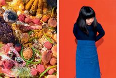 Left, the artist's edible landscape, titled Festina Lente, was served up at a buffet-style private dinner at the Centre Pompidou. Right, Japan-born, Paris-based artist Lei Saito gets ready to cook something up