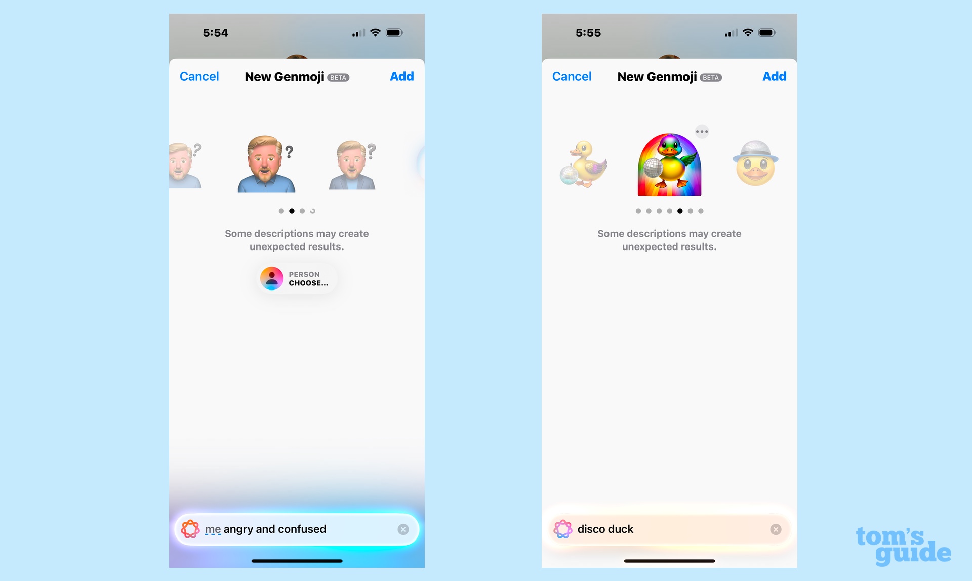 Beispiel von zwei Genmoji, die in iOS 18.2 erstellt wurden