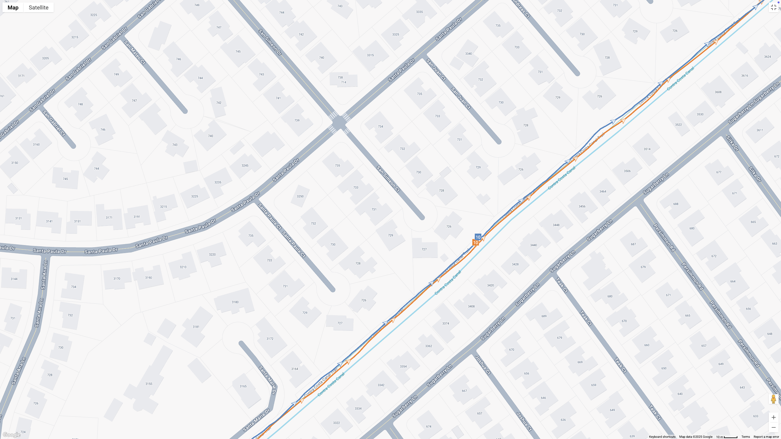 A Google Maps map view showing GPS location data for a workout, with the COROS APEX 4 (orange line) and Garmin Forerunner 970 (blue line) showing how their dual-band GPS tracking compares.