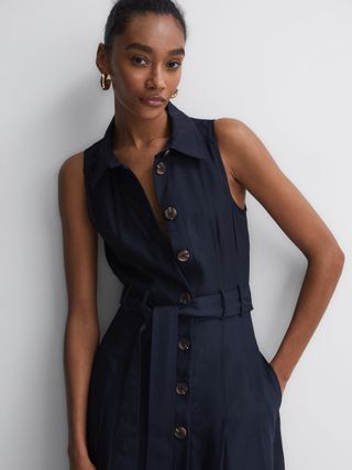 Reiss Navy Milena Button Front Midi Dress