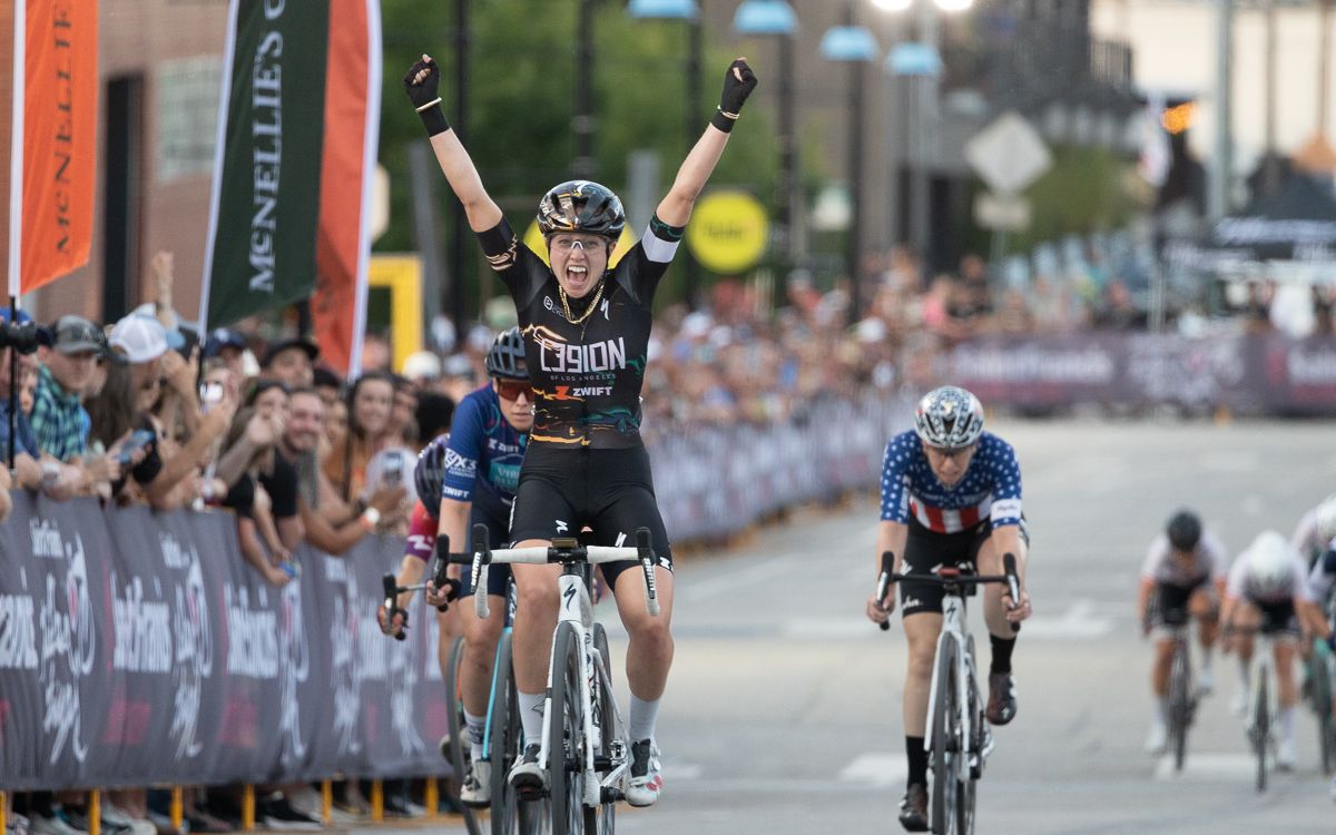 Skylar Schneider (L39ION of Los Angeles) celebrates her win on Day 1 of Tulsa Tough