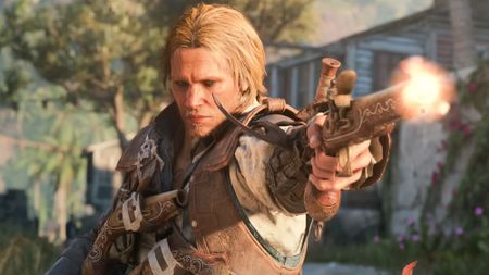 Edward Kenway firing a pistol in the Assassin's Creed Black Flag Resynced trailer.