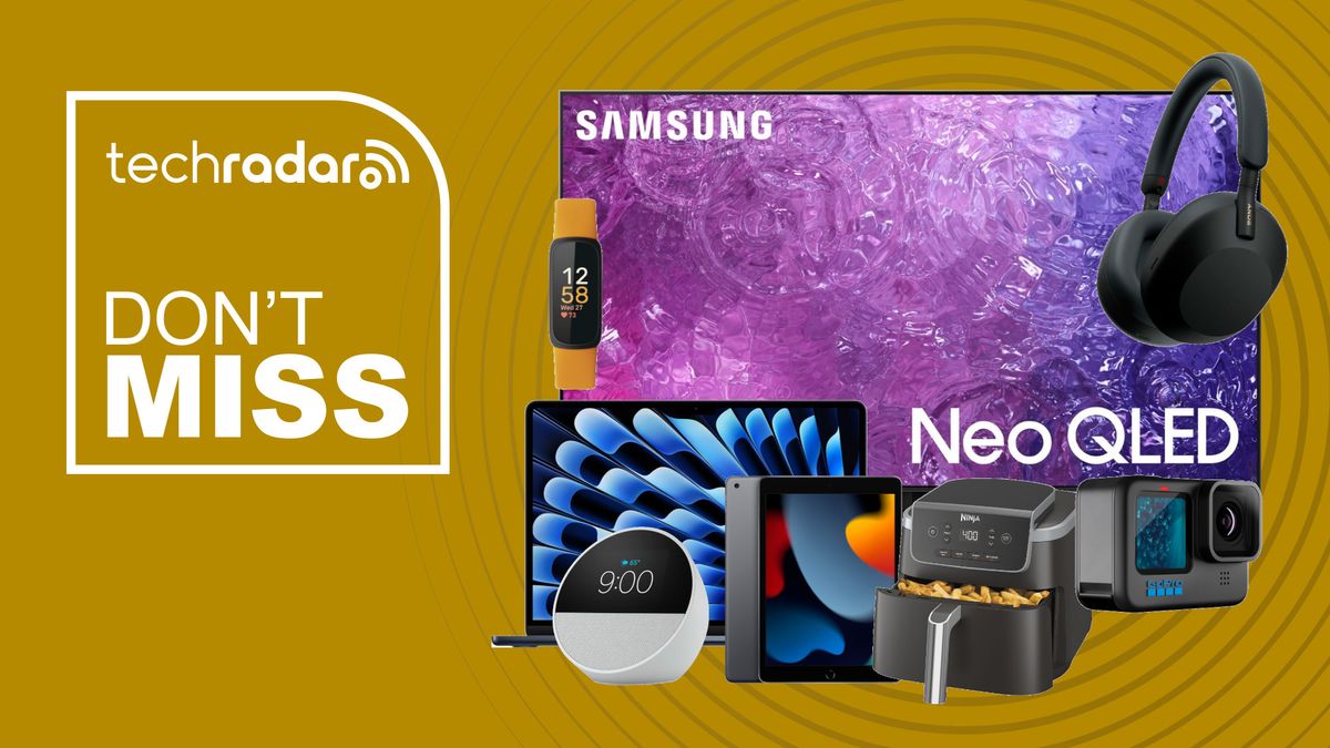 Collage of tech from Best Buy&#039;s sale including a Samsung TV, MacBook, Sony headphone, Fitbit, and Ninja air fryer