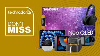 Collage of tech from Best Buy's sale including a Samsung TV, MacBook, Sony headphone, Fitbit, and Ninja air fryer