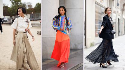 composite of three street style shots of long skirt outfits