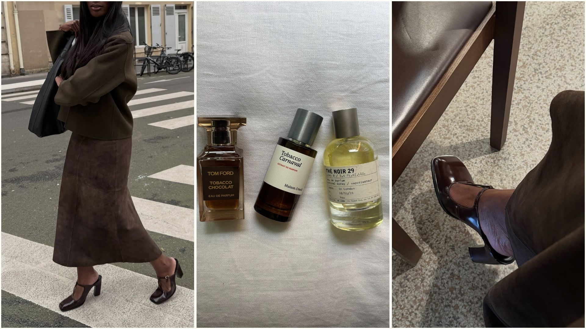 A collage of creator @_livmadeline wearing a chic suede autumnal outfit in Paris and a selection of the best tobacco perfumes