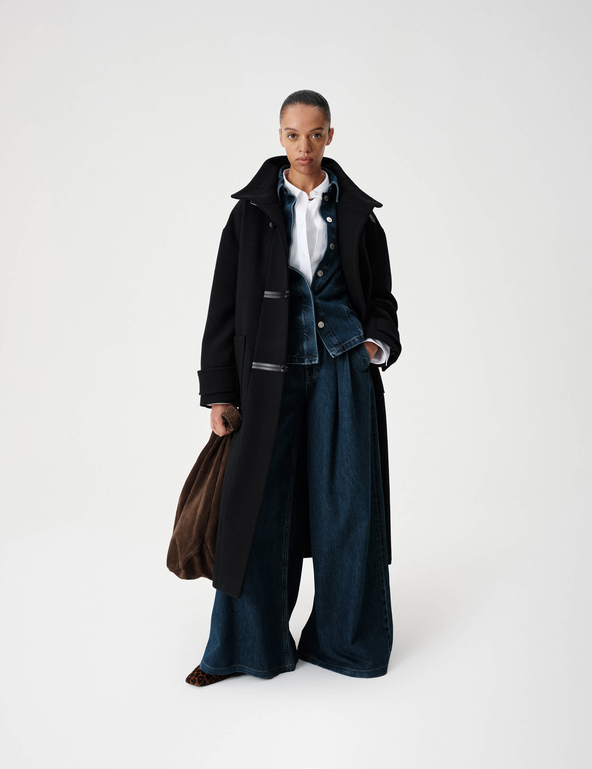 Funnel Neck Pu Trim Longline Coat