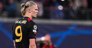 Manchester City Erling Haaland looks on during the UEFA Champions League round of 16 leg one match between RB Leipzig and Manchester City at Red Bull Arena on February 22, 2023 in Leipzig, Germany.