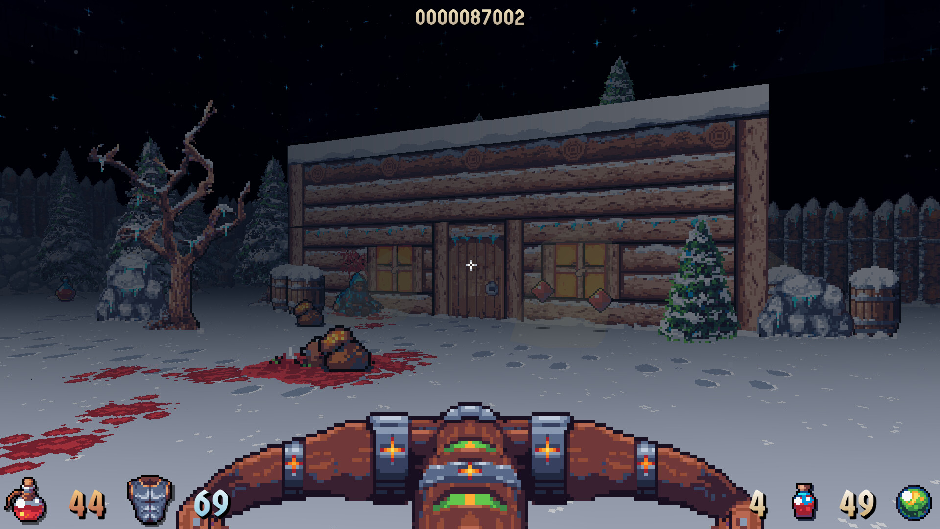 First person view holding crossbow looking at cozy cabin in a snowy field at night.