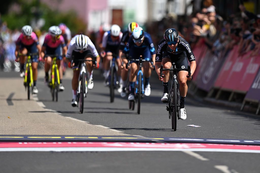 MALDON ENGLAND MAY 27 Lorena Wiebes of Netherlands and Team DSM sprint at finish line to win ahead of Elisa Balsamo of Italy and Team Trek Segafredo Emma Norsgaard Jorgensen of Denmark and Movistar Team and Lotte Kopecky of Belgium and Team SD Worx during the 5th RideLondon Classique 2022 Stage 1 a 1365km stage from Maldon to Maldon RideLondon UCIWWT on May 27 2022 in Maldon England Photo by Justin SetterfieldGetty Images