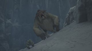 Monster Hunter Wilds monster list - Blangonga roaring in an icy cave.