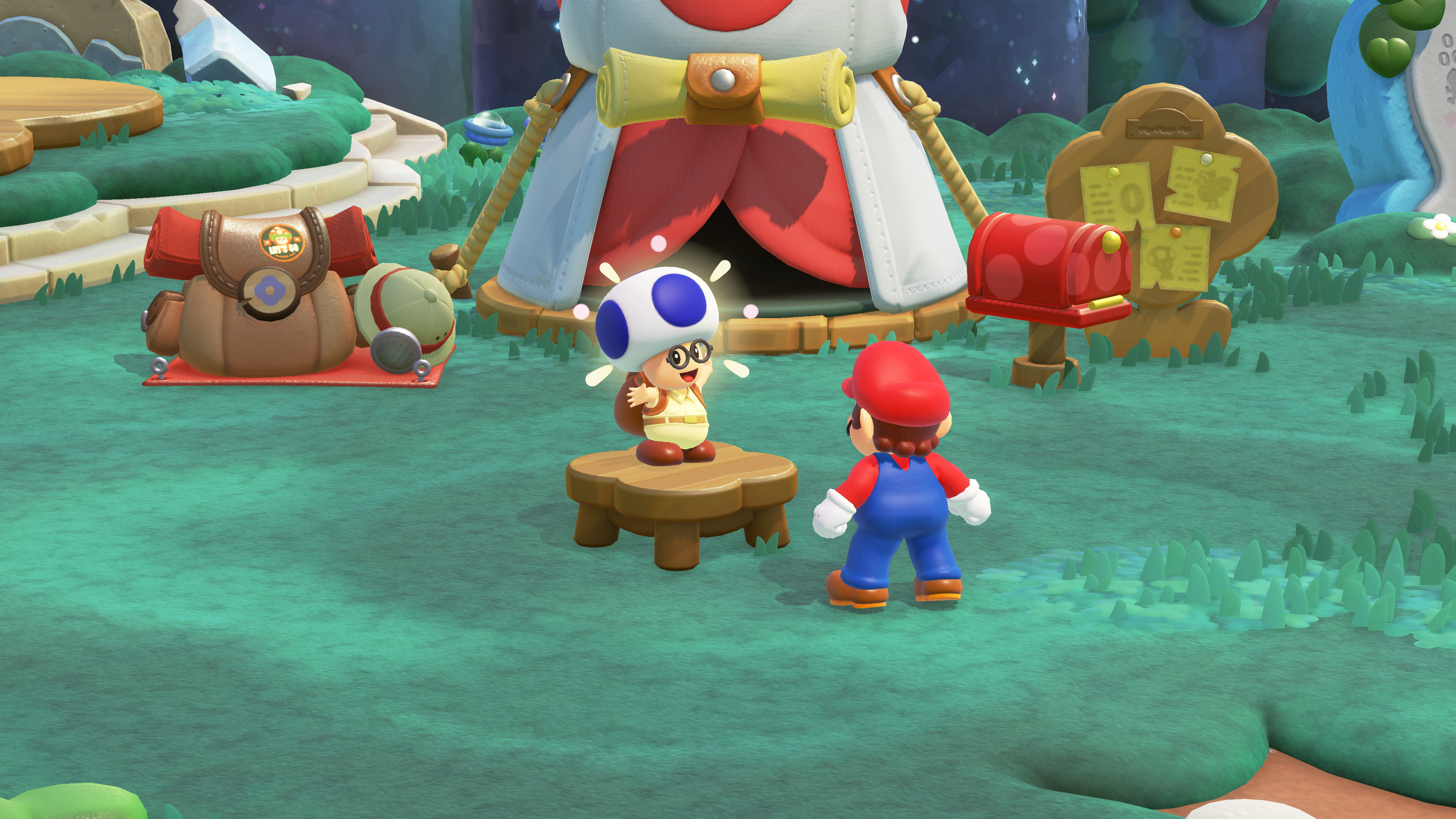 A screenshot from Super Mario Bros. Wonder Nintendo Switch 2 Edition showing Mario with a toad outside the Toad Brigade tent