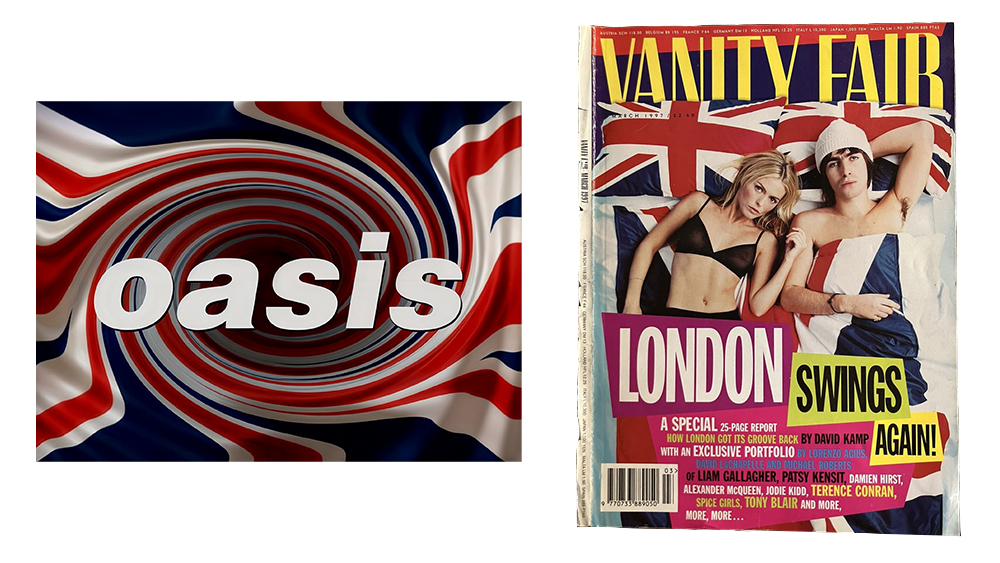 original Oasis logo and Vanity Fair cover with headline London Swings Again and Liam Gallagher on a bed with British flags
