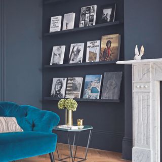 Living room with black walls and shelves showcasing books