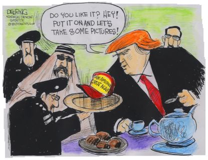 Political cartoon U.S. Trump abroad Saudi Arabia MAGA hat