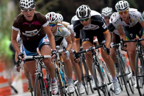 With three laps to go Kristin Armstrong (Peanut Butter &amp; Co/Twenty12) led the front group over the climb in downtown Aspen.