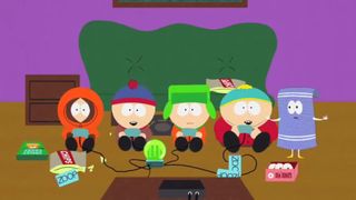 Eric, Kenny, Kyle and Stan play video games while talking to Towelie