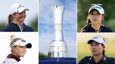 Lottie Woad smiles (top left), Lydia Ko (top right), Nelly Korda (bottom left) and Jeeno Thitikul (bottom right) either side of the AIG Women's Open trophy (middle)